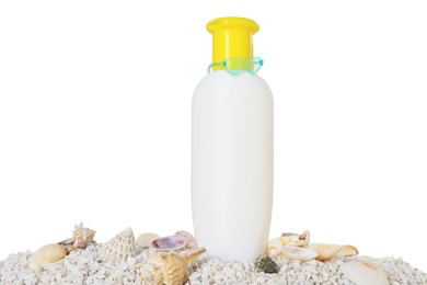 Photo of Bottle of sun protection product and seashells on pebbles against white background