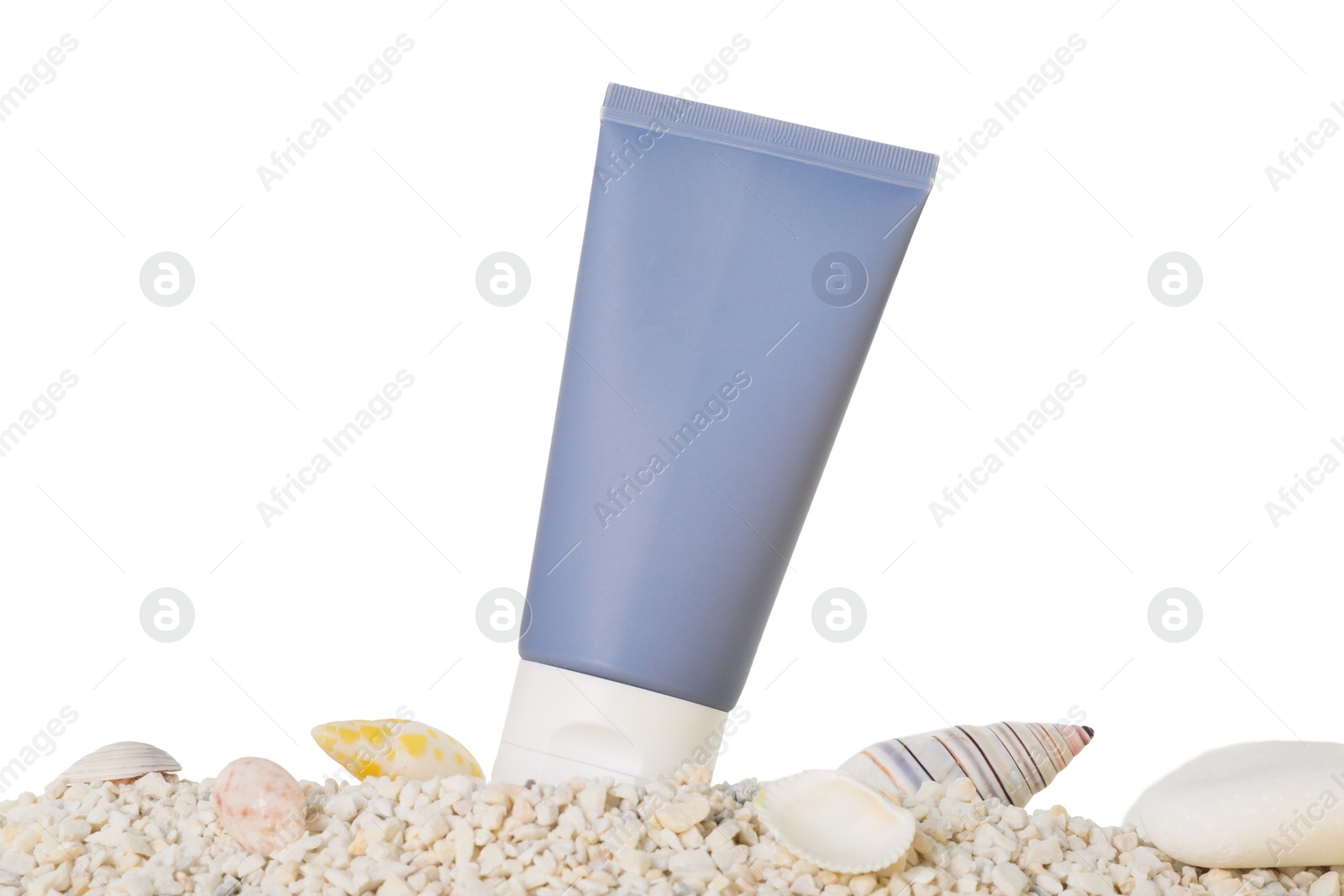 Photo of Tube of sun protection product and seashells on pebbles against white background