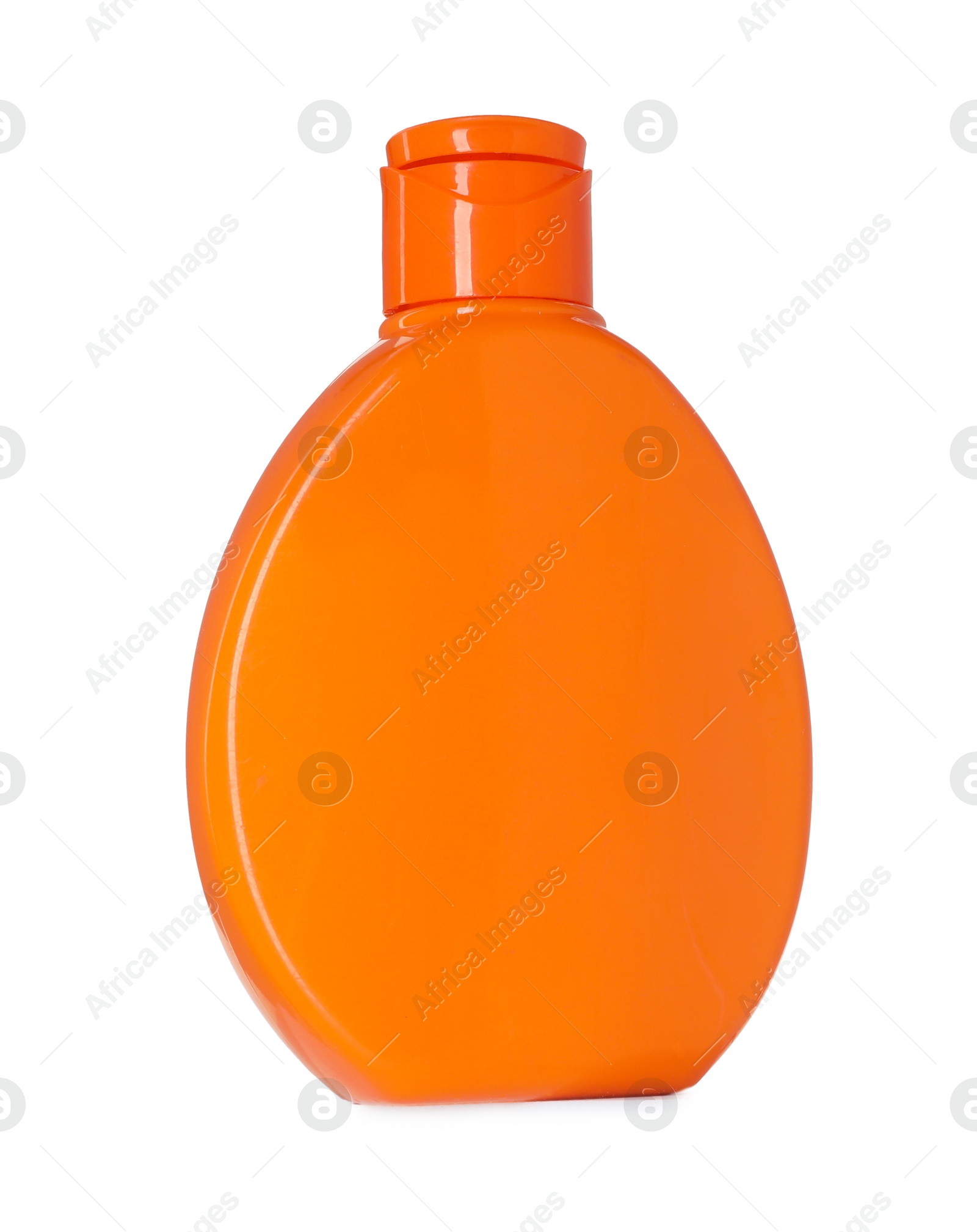 Photo of Bottle of sun protection product on podium against white background