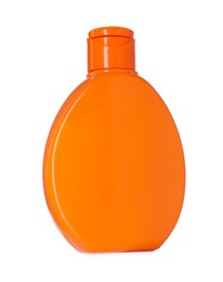 Photo of Bottle of sun protection product on podium against white background