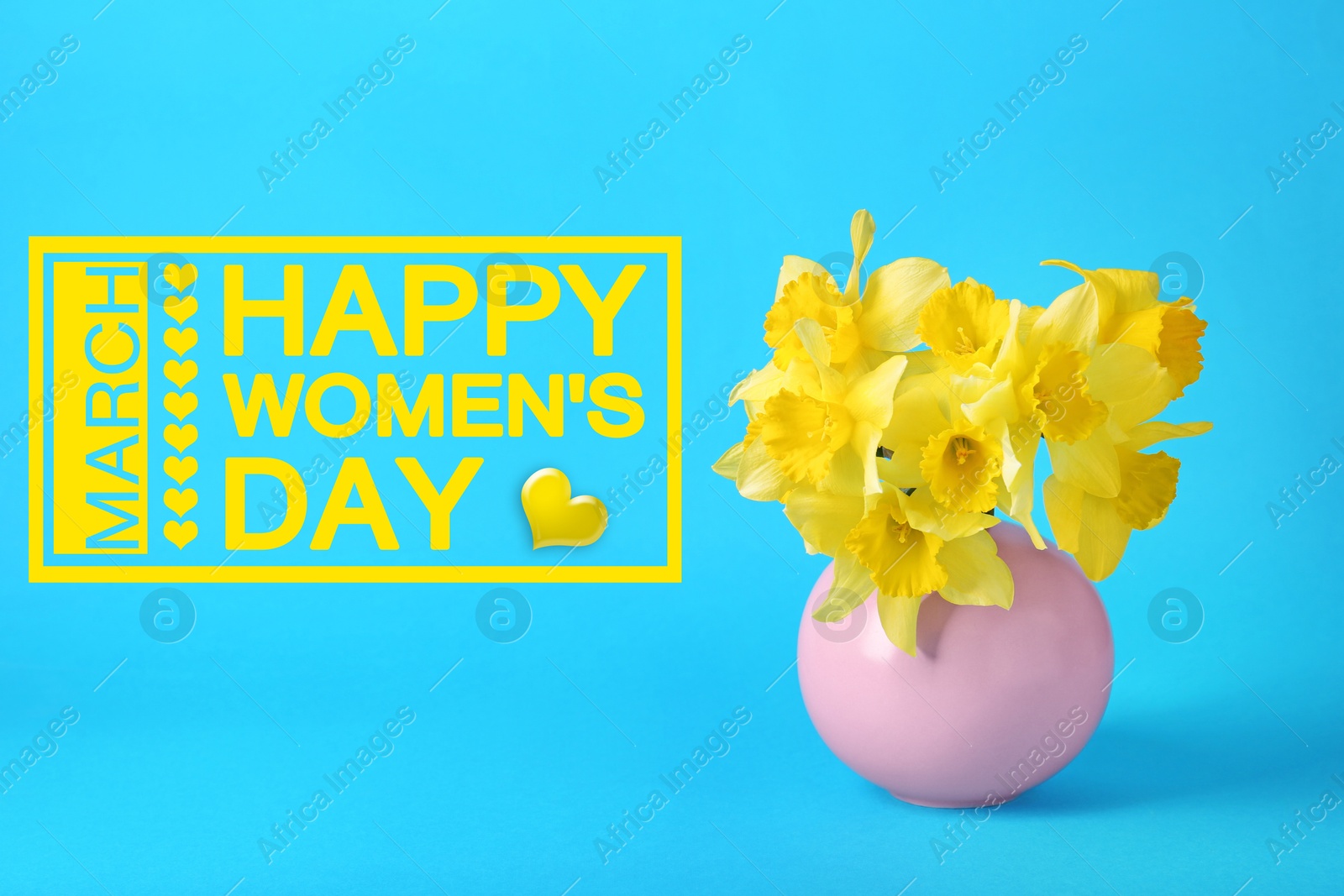 Image of Happy Women's day card. Pink vase with bright yellow daffodils on light blue background