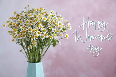 Image of Happy Women's day card. Beautiful chamomile flowers in vase on pink background