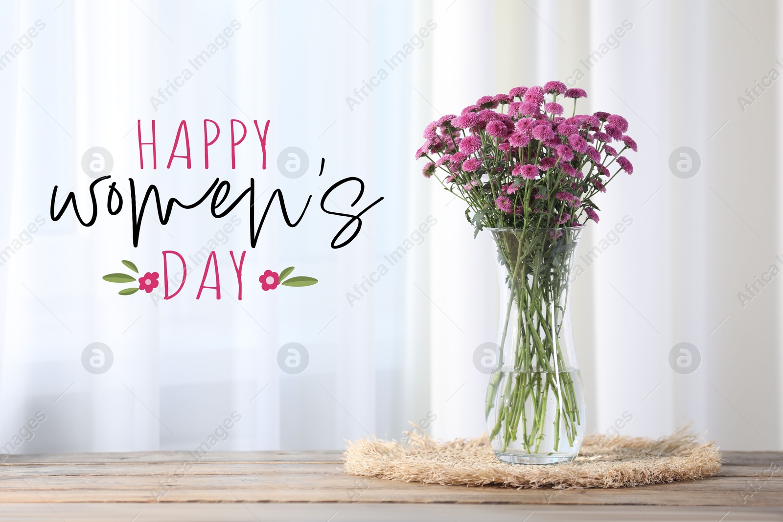 Image of Happy Women's day card. Glass vase with beautiful pink flowers on table indoors