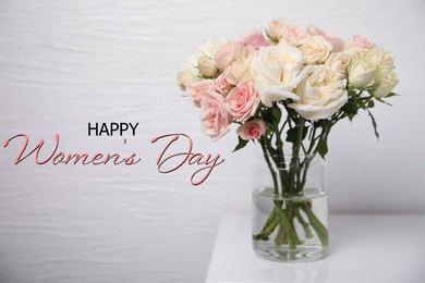 Happy Women's day card. Glass vase with roses on table