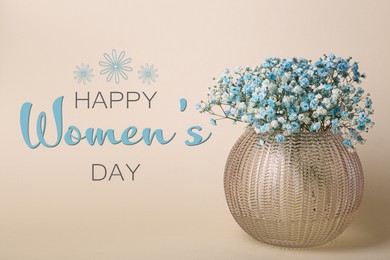 Image of Happy Women's day card. Beautiful vase with gypsophila flowers on dark beige background