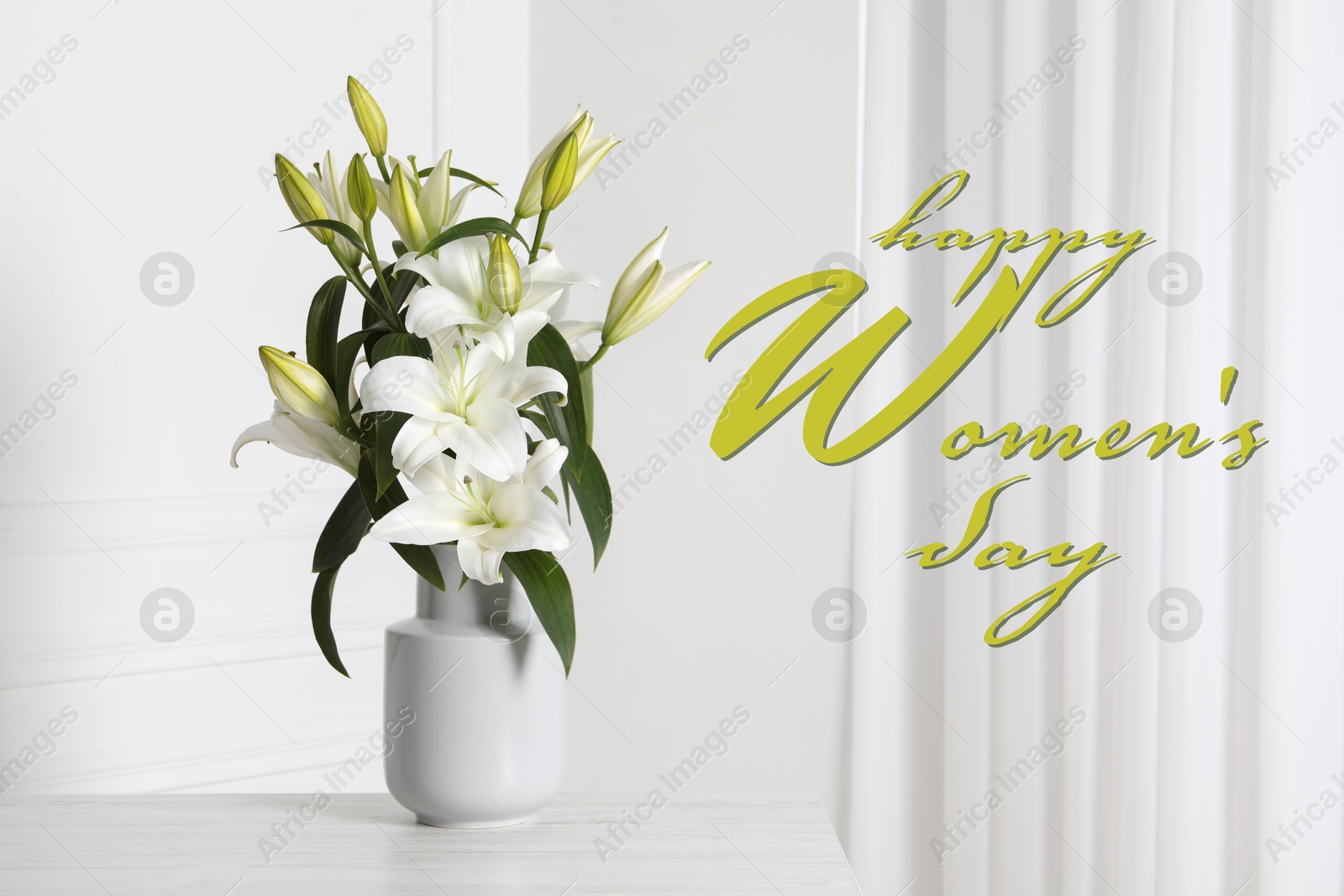 Image of Happy Women's day card. Vase with beautiful white lilies on table indoors