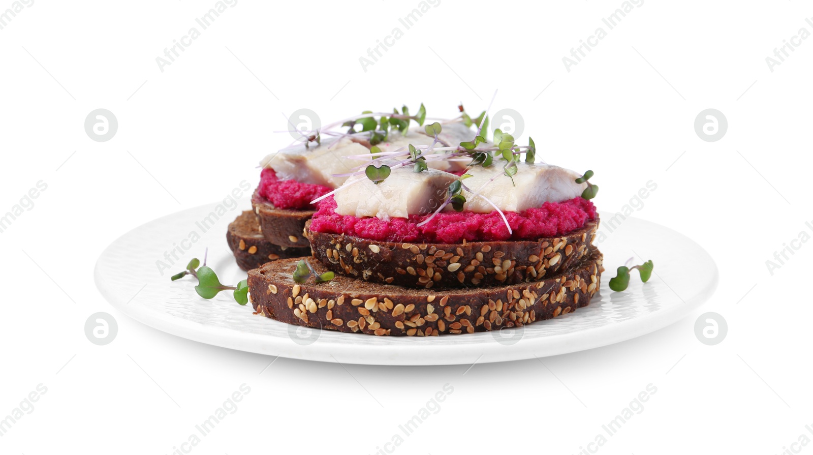 Photo of Tasty sandwich with herring and horseradish sauce on white background