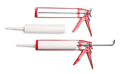 Image of Caulking gun and tube on white background, set. Top view