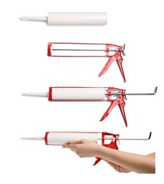 Image of Caulking gun and tube on white background, closeup. Collage