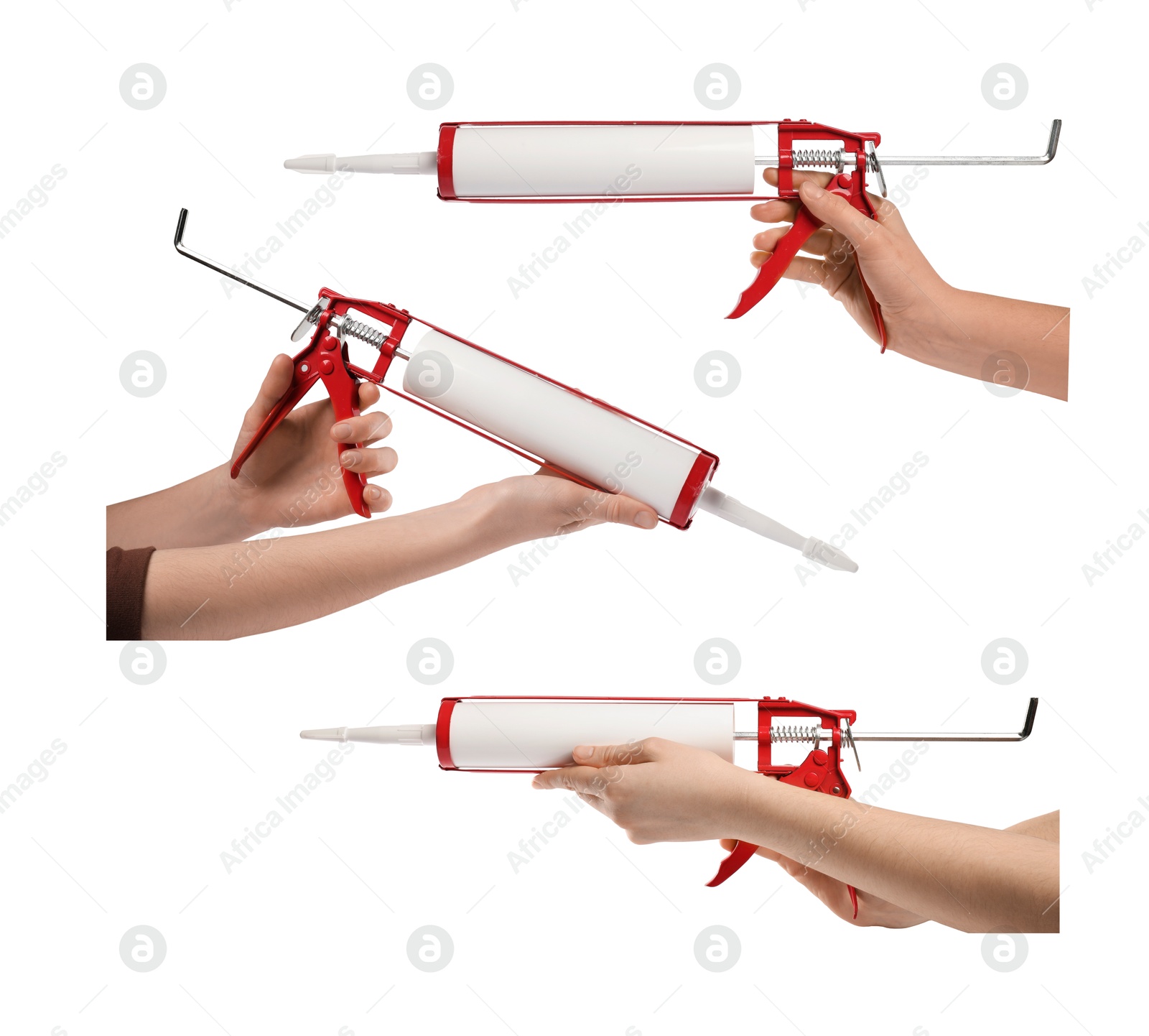 Image of Women with caulking gun on white background, closeup. Collage