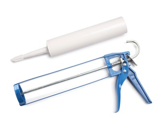 Image of Caulking gun and tube on white background, collage. Top view