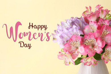 Image of Happy Women's day card. Beautiful alstroemeria flowers in vase on beige background