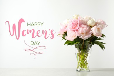 Happy Women's day card. Glass vase with peonies on table against white background