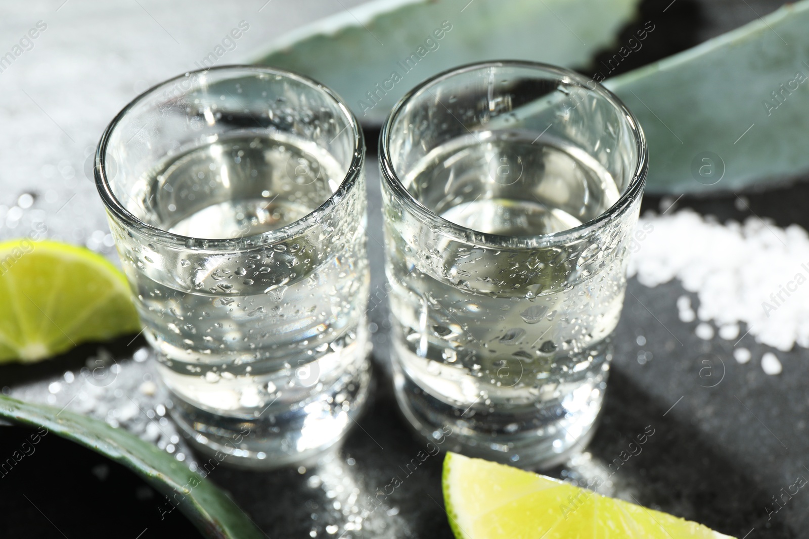 Photo of Tequila shots, slices of lime and agave leaves on grey table, closeup