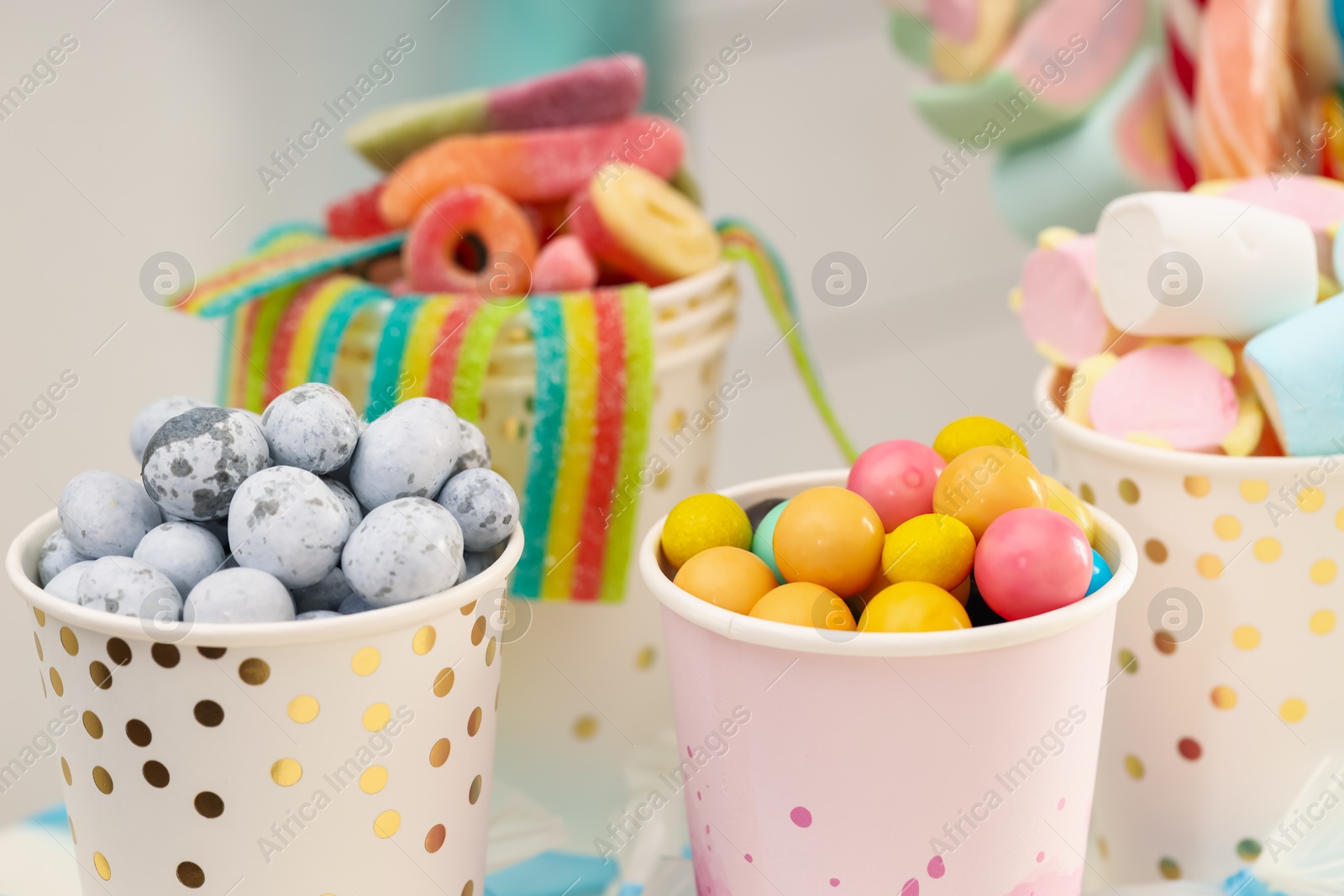 Photo of Candy bar. Different yummy sweets indoors, closeup