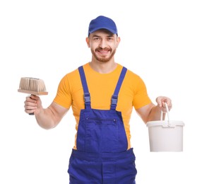 Professional painter with brush and bucket of paint on white background