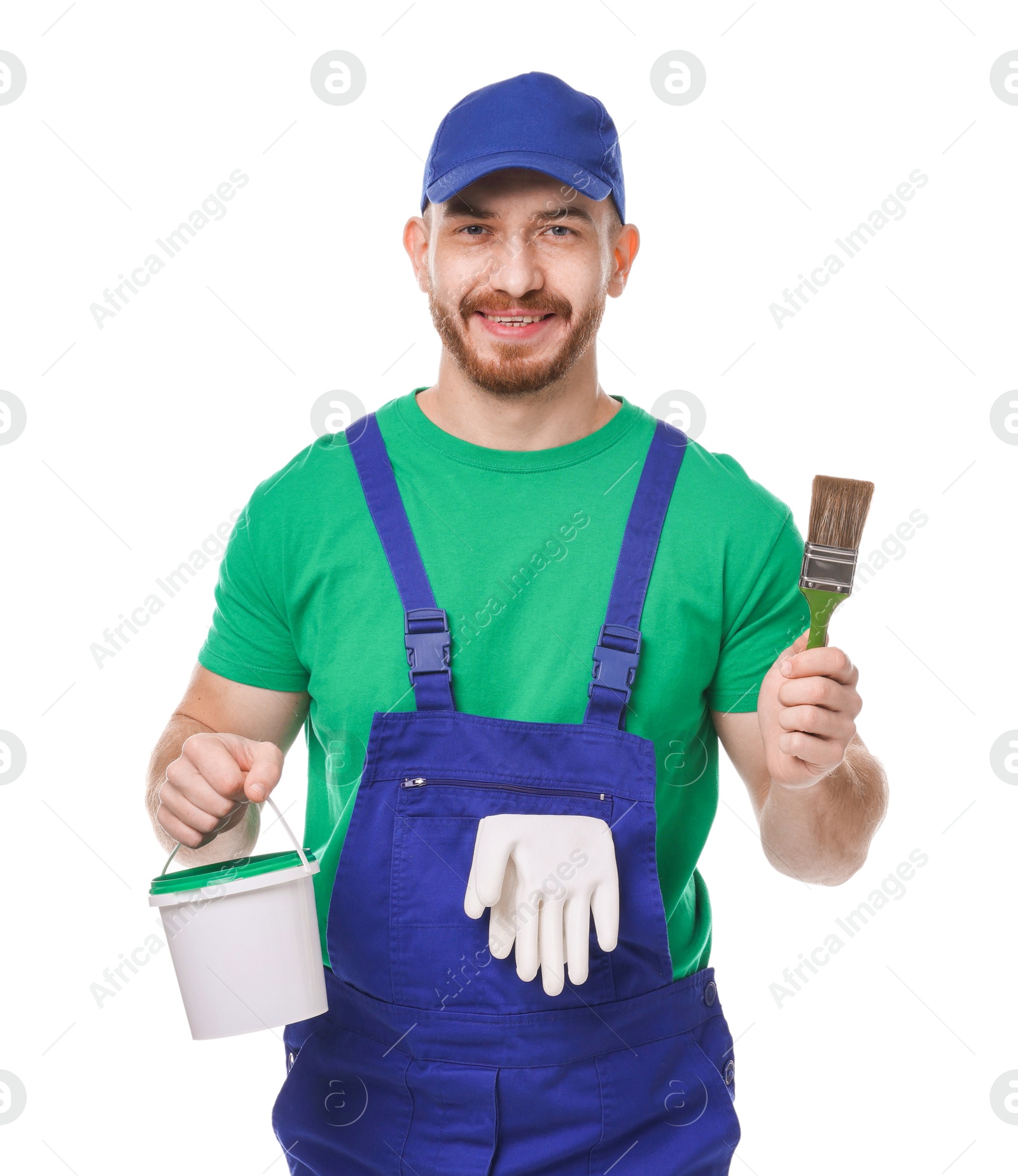 Photo of Professional painter with brush and bucket of paint on white background