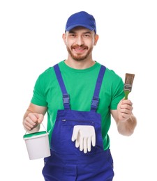 Photo of Professional painter with brush and bucket of paint on white background