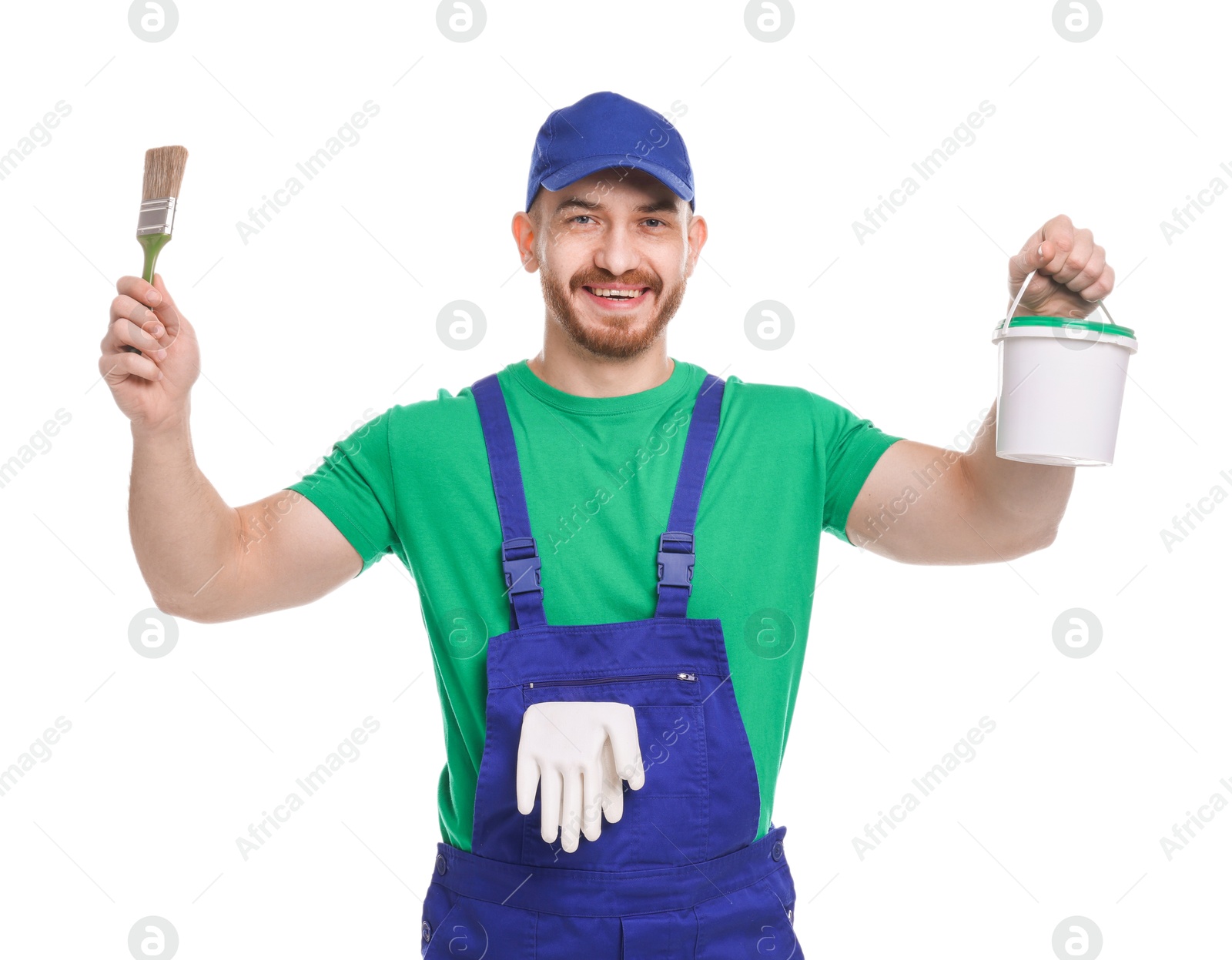 Photo of Professional painter with brush and bucket of paint on white background