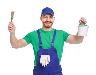 Professional painter with brush and bucket of paint on white background