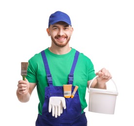 Professional painter with brush and bucket of paint on white background