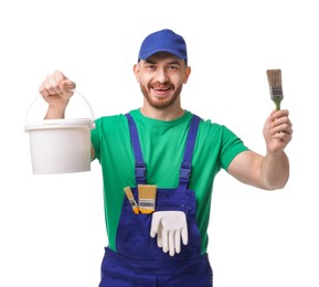 Photo of Excited painter with brush and bucket of paint on white background