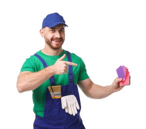 Photo of Professional painter showing color samples on white background