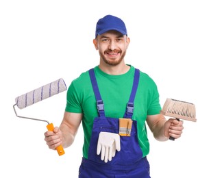 Professional painter with tools on white background