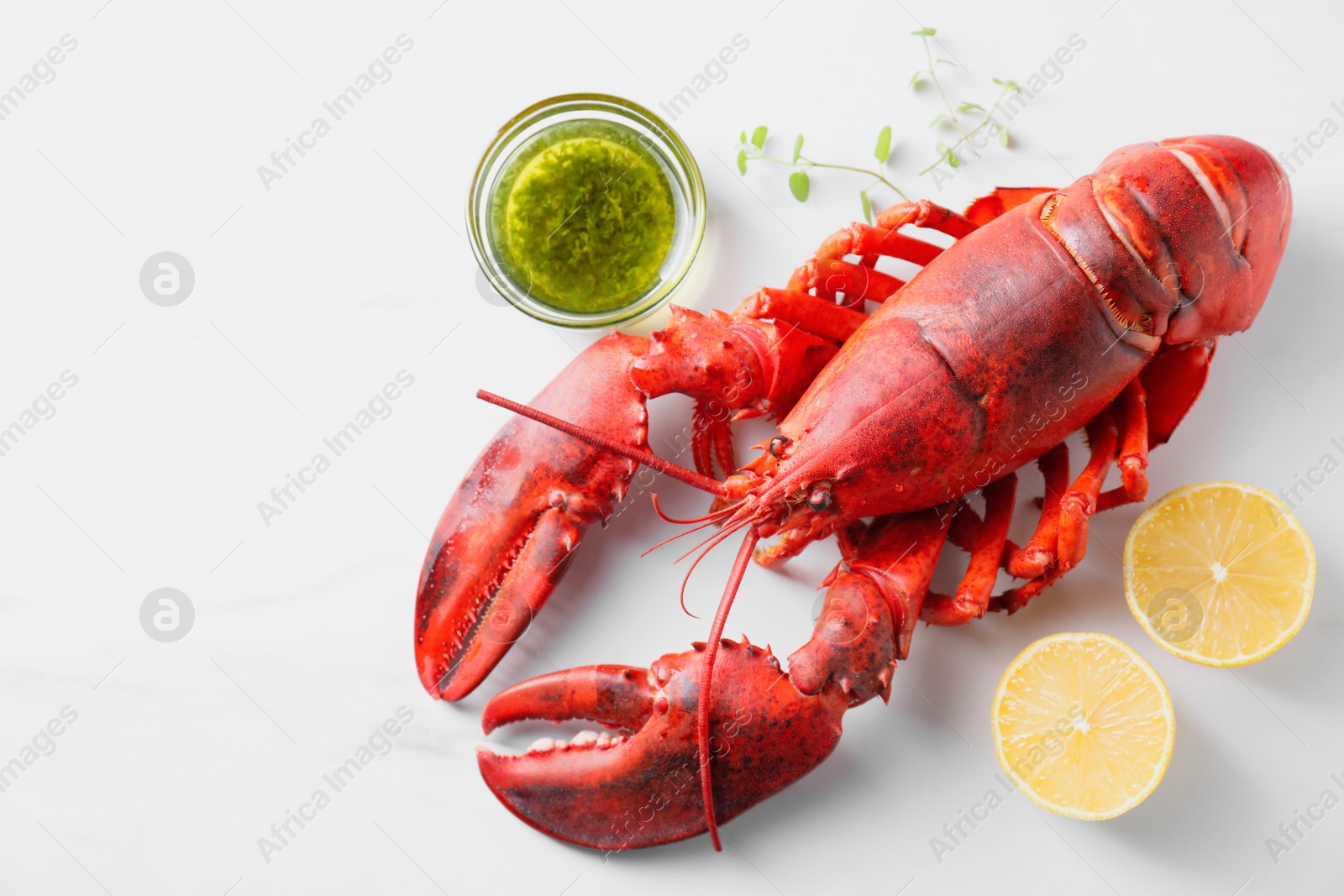 Delicious boiled lobster with oil, microgreens and lemon pieces on white table, flat lay Photo of Delicious boiled lobster with oil, microgreens and lemon pieces on white table, flat lay