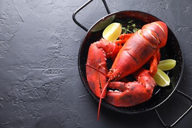 Photo of Delicious boiled lobster with lime pieces and microgreens on black table, top view. Space for text