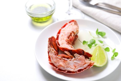 Photo of Delicious boiled lobster served on white table, closeup