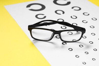 Photo of Glasses and vision test chart on yellow background