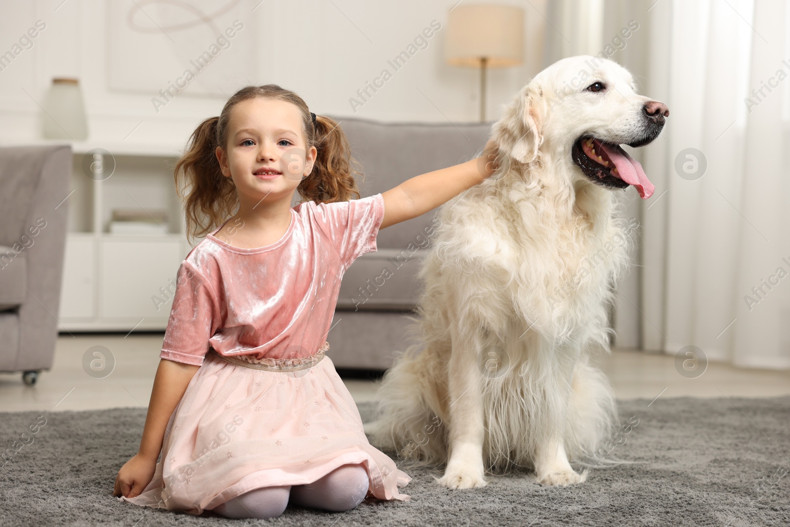 Photo of Little girl with cute dog on carpet at home