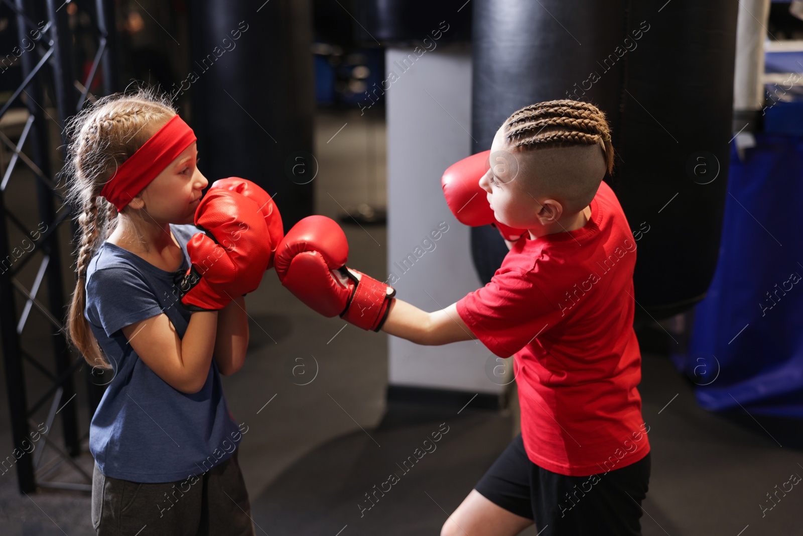 Photo of Children having boxing practice in training center