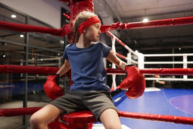 Photo of Girl sitting in her corner of boxing ring