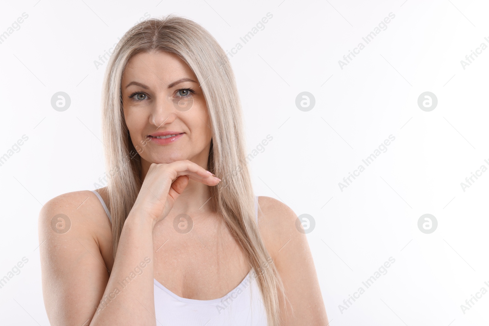 Photo of Portrait of beautiful woman on white background. Space for text