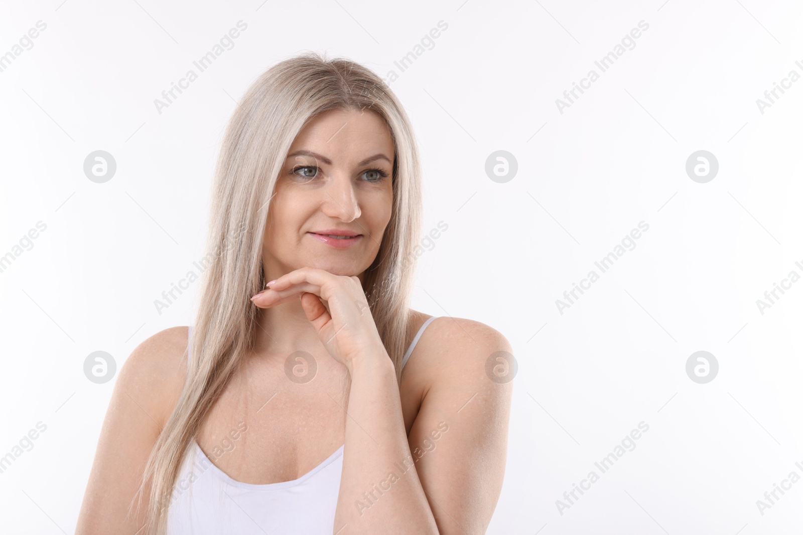 Photo of Portrait of beautiful woman on white background. Space for text