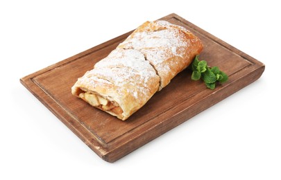 Photo of Delicious strudel with apples, powdered sugar and mint isolated on white