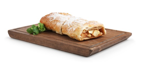 Photo of Delicious strudel with apples, powdered sugar and mint isolated on white