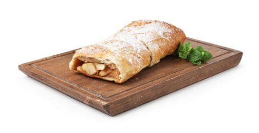 Photo of Delicious strudel with apples, powdered sugar and mint isolated on white