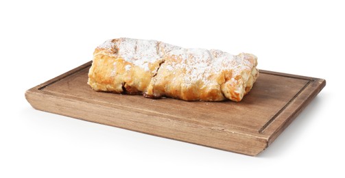 Photo of Delicious strudel with apples and powdered sugar isolated on white