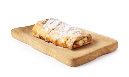 Photo of Delicious strudel with apples and powdered sugar isolated on white