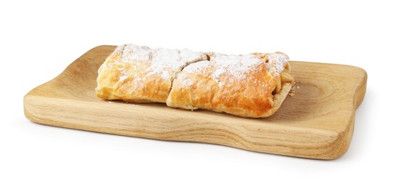 Photo of Delicious strudel with apples and powdered sugar isolated on white