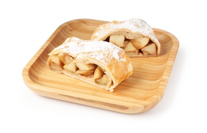 Photo of Pieces of tasty apple strudel with powdered sugar isolated on white