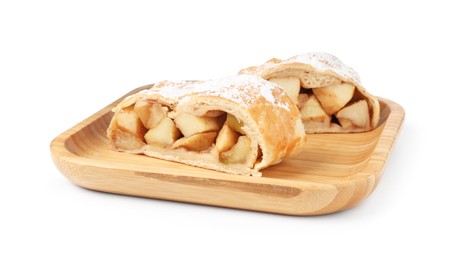 Photo of Pieces of tasty apple strudel with powdered sugar isolated on white