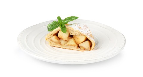 Photo of Piece of tasty apple strudel with powdered sugar and mint isolated on white