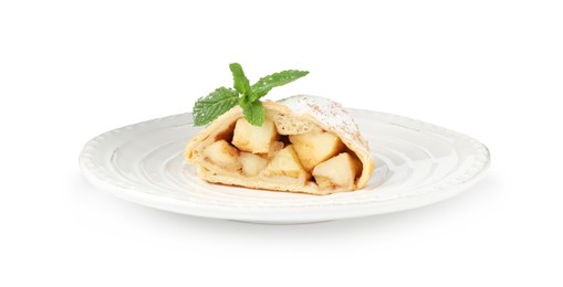 Photo of Piece of tasty apple strudel with powdered sugar and mint isolated on white