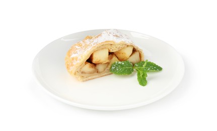 Photo of Piece of tasty apple strudel with powdered sugar and mint isolated on white