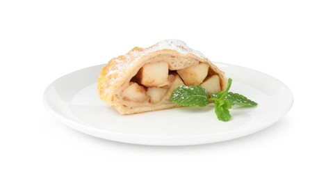 Photo of Piece of tasty apple strudel with powdered sugar and mint isolated on white