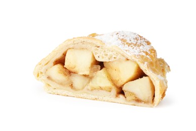 Photo of Piece of tasty apple strudel with powdered sugar isolated on white